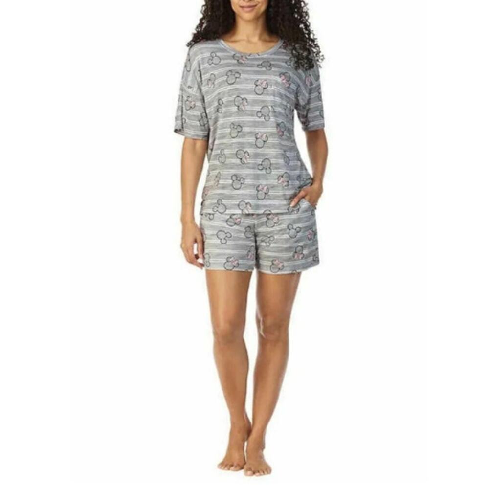 Disney Gray Minnie Mouse Striped Short Pajama Set with Pockets Size Small
